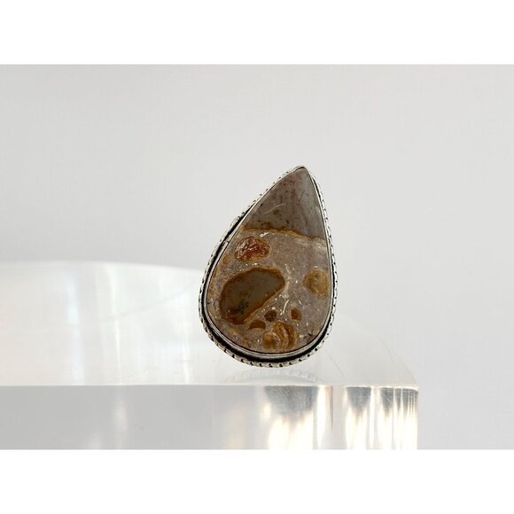 Agate Teardrop Shaped Southwest Style 925 Sterling Silver Vintage Ring - sz 5 - Picture 2 of 9